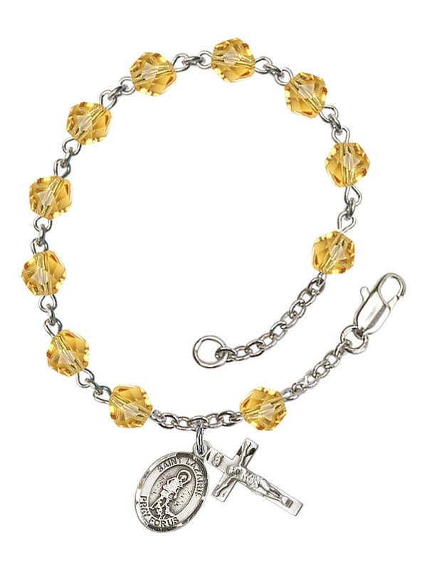 Bonyak Jewelry 18 Inch Rhodium Plated Necklace w// 4mm Yellow November Birth Month Stone Beads and Saint Luke The Apostle Charm