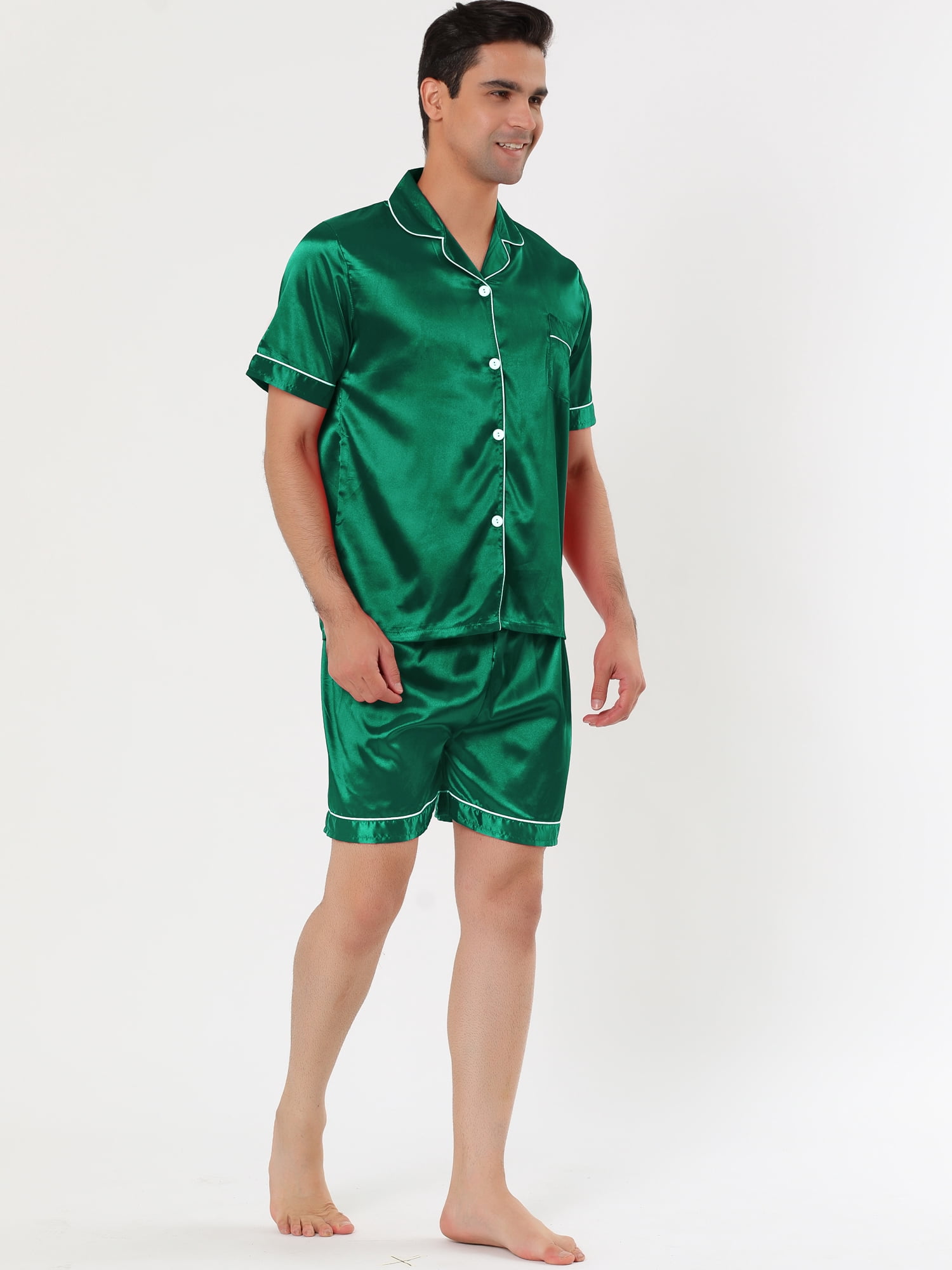 Unique Bargains Men's Sleepwear Short Sleeve Top and Pants Satin Pajama Set XL Green