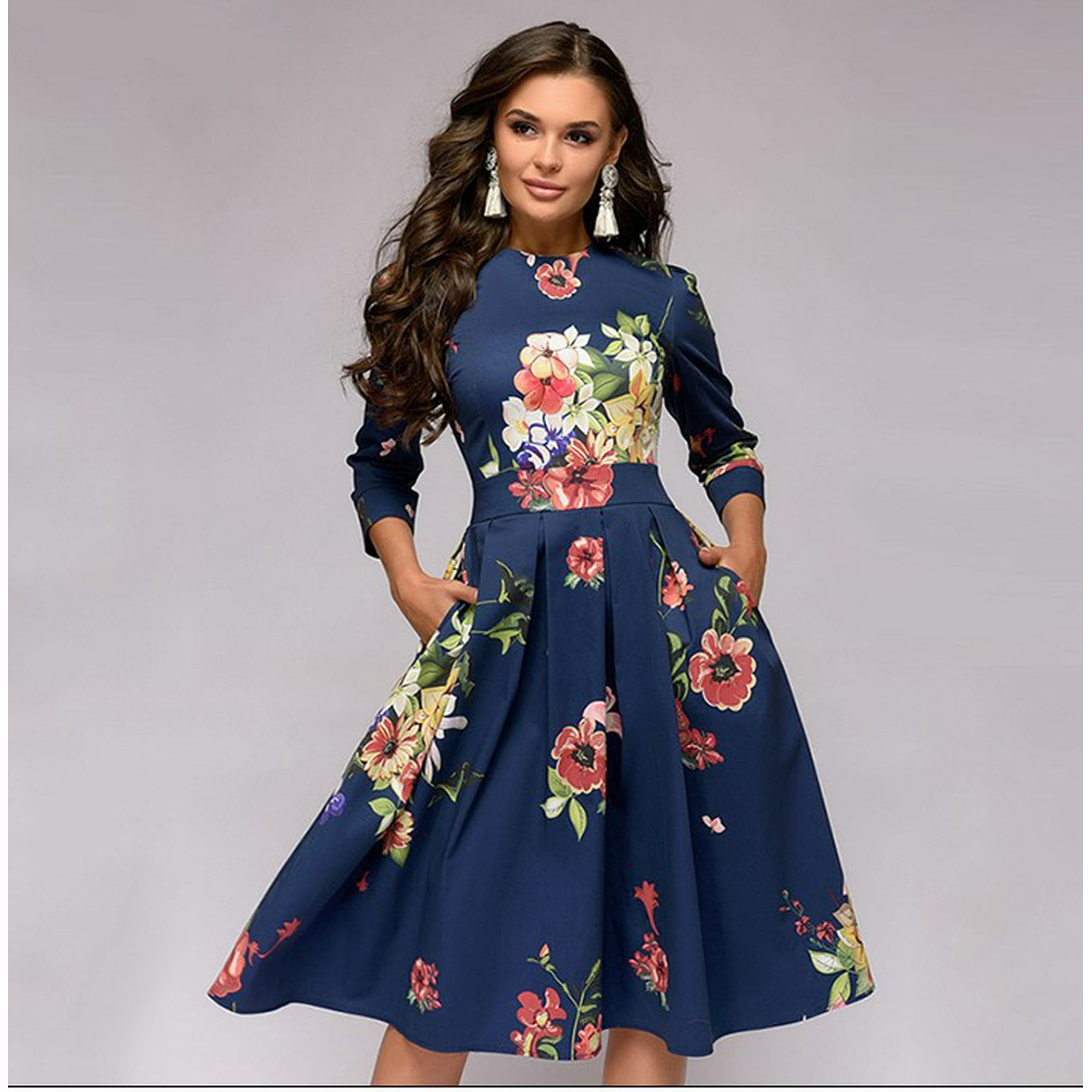 Women s Floral Midi Dress with Pockets Vintage Elegant Evening Cocktail Dress