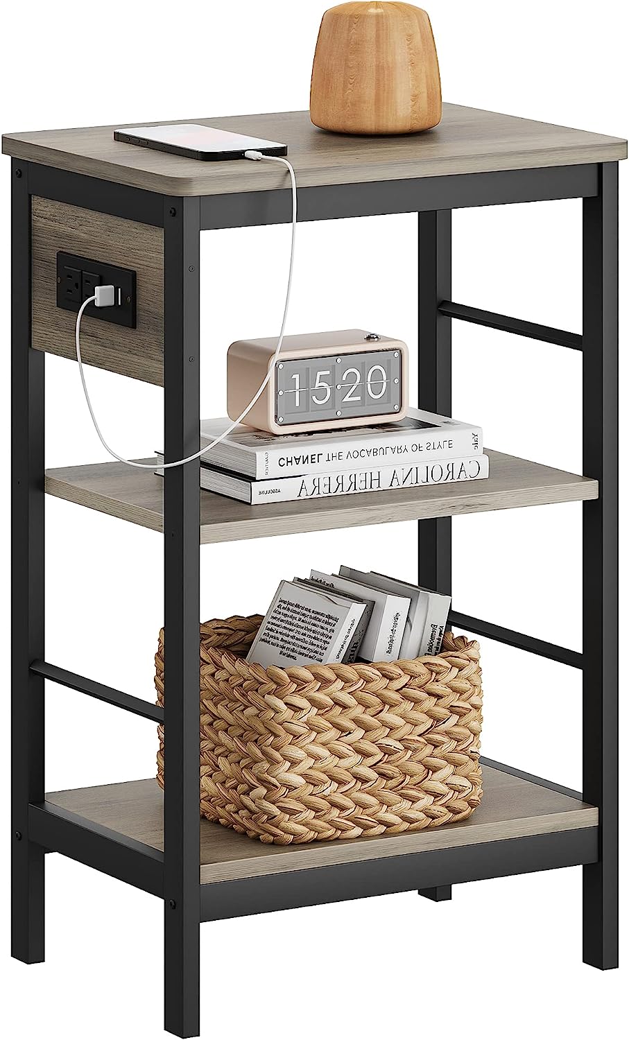 3 Tier End Table with Charging Station, Narrow Side Table with Storage