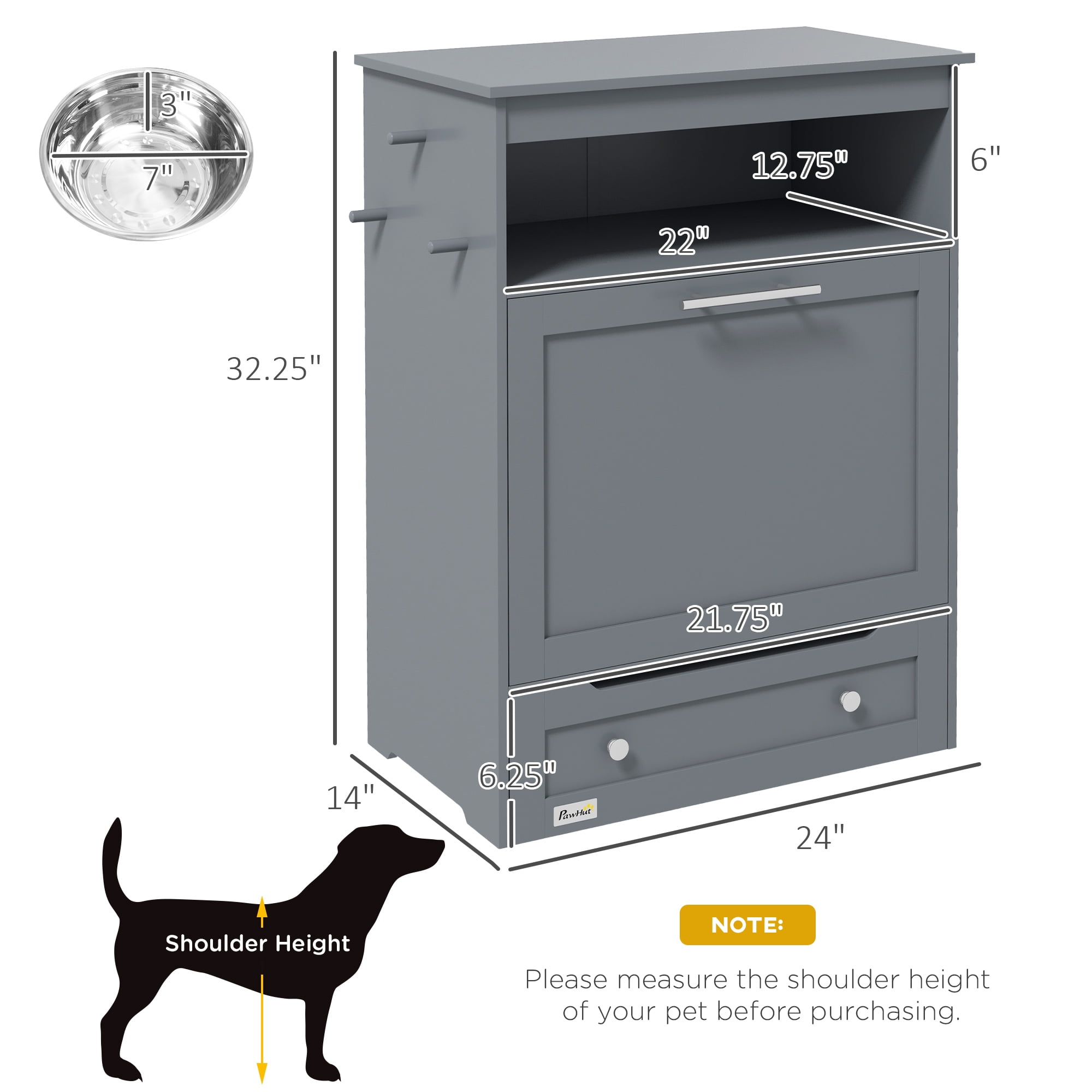 Dog Bed PawHut Pet Feeder Station, Storage Cabinet Dog Food Storage Container with Raised Dog Bowls and Hanger for Feeding & Watering Supplies, Gray,Large Dog Bed