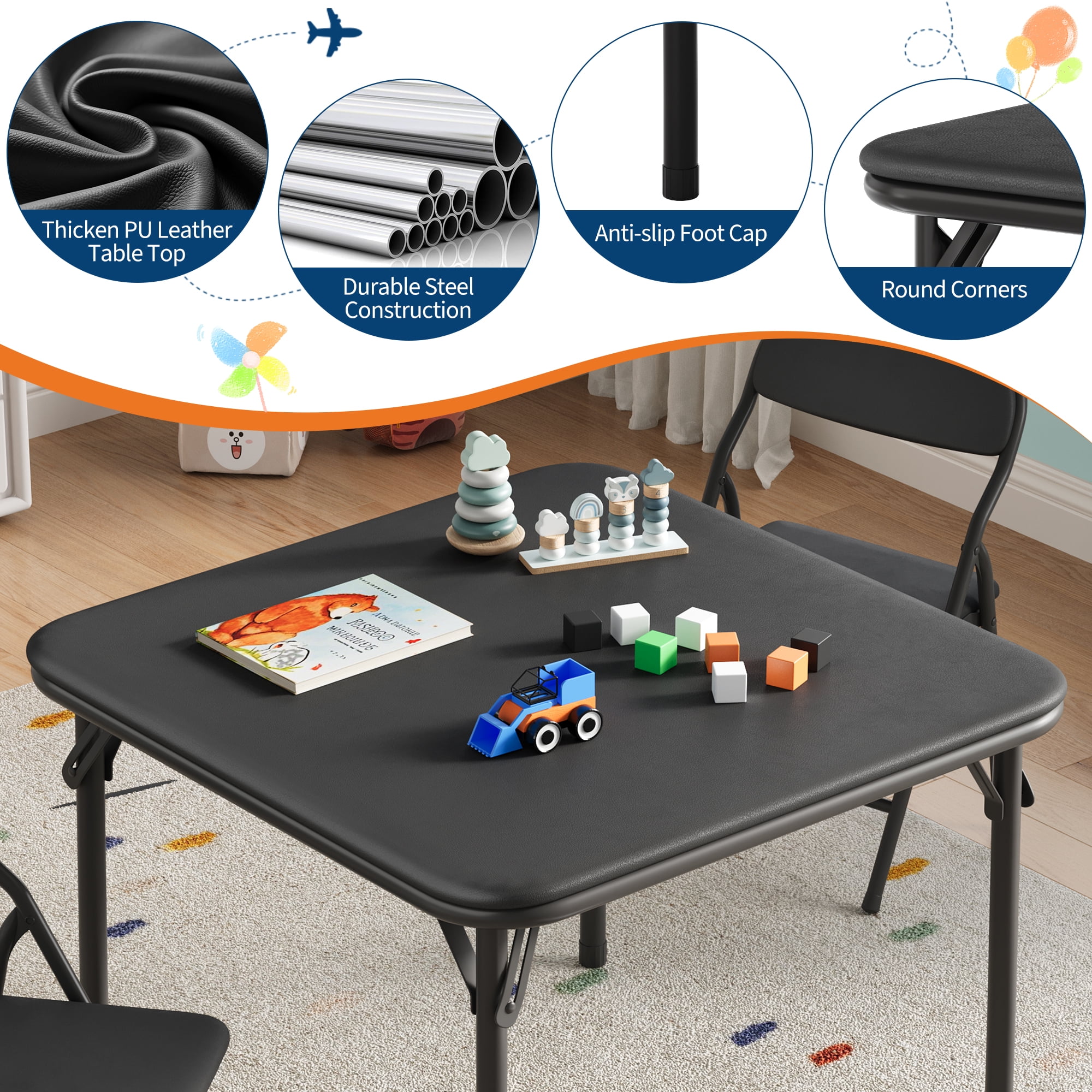 Kids 5-Piece Classroom Folding Table and Chairs Set, Folding Activity Table and Chairs Set for Dining Room,Daycare,Classrooms, Black
