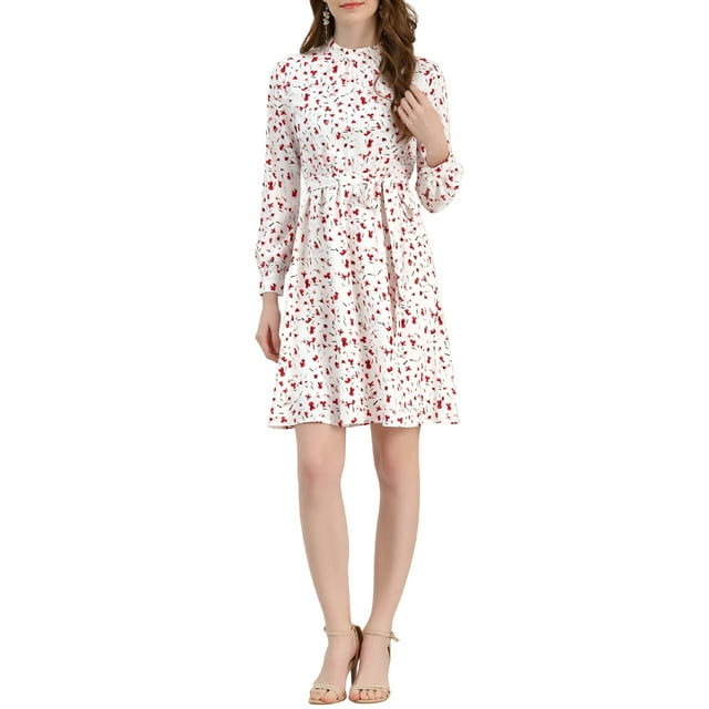 INSPIRE CHIC Robe Fleurie pour Femme Col Montant Manches Longues Taille à Nouer Longueur Genou Robe Bohème TG Blanc