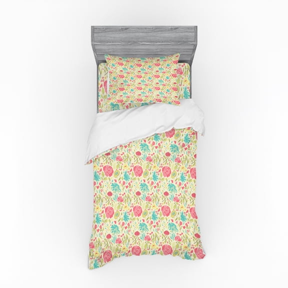 Ambesonne Floral Bedding Set 3 Pcs, Blooming Spring Sprouts, Twin, Multicolor