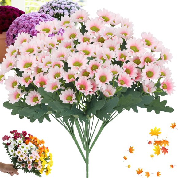 Artificial Mums for Outdoors Fall, Artificial Mums That Look Real, Mum in Pot, Artificials Mum Flowers - UV Resistant,Waterproof Windproof (10 Bundle of Pink)
