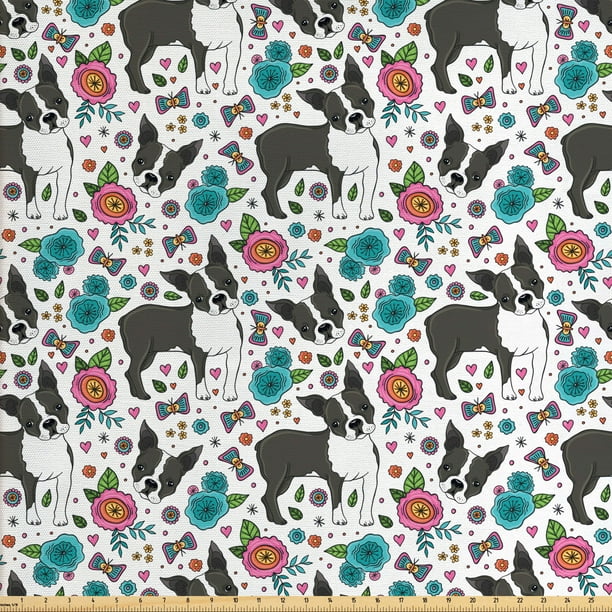 Dogs Fabric by The Yard, Boston Terriers and Colorful Flowers