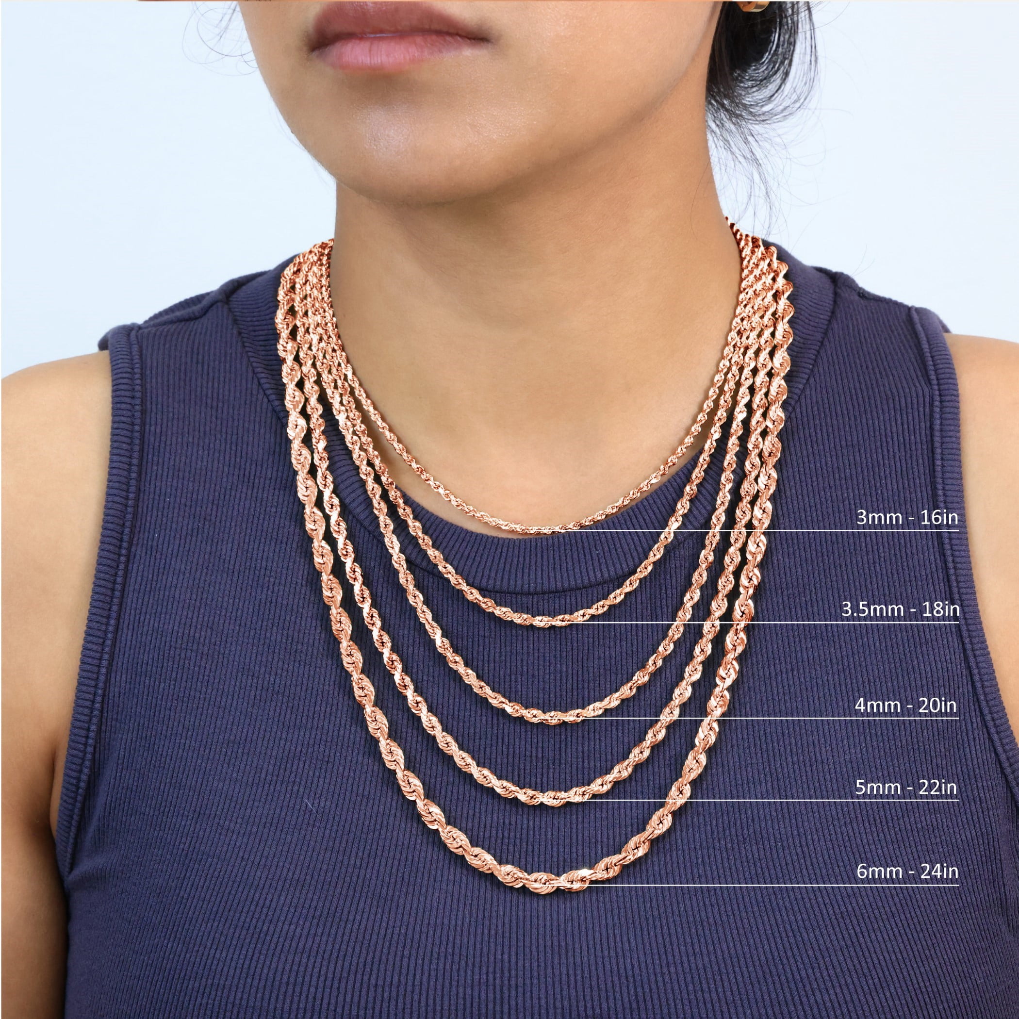 Nuragold 10K Real Rose Gold Rope Diamond Cut Chain Necklace 16"-30" (1.5mm-6mm) Italian Jewelry for Men & Women