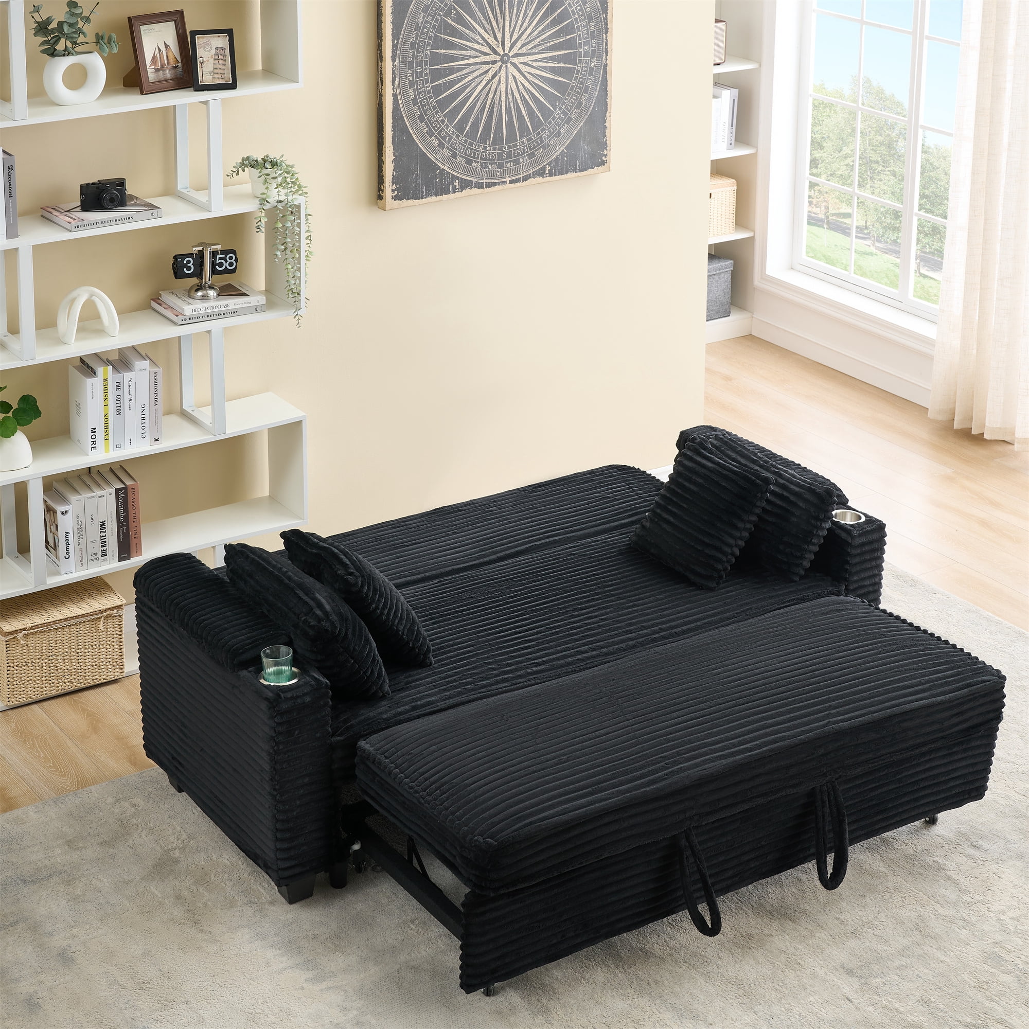 Aukfa 80" Comfy 3 Seat Sofa Convertible Sleeper Sofa Bed with Storage Armrest& Cup Holders for Living Room, 4 Pillows, Corduroy, Black