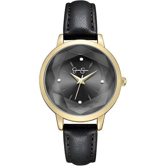 Jessica Simpson Women’s Black Watch – Leather Band Dress Watch with Faceted Crystal Dial, Quartz Movement, Elegant Fashion Wristwatch for Women