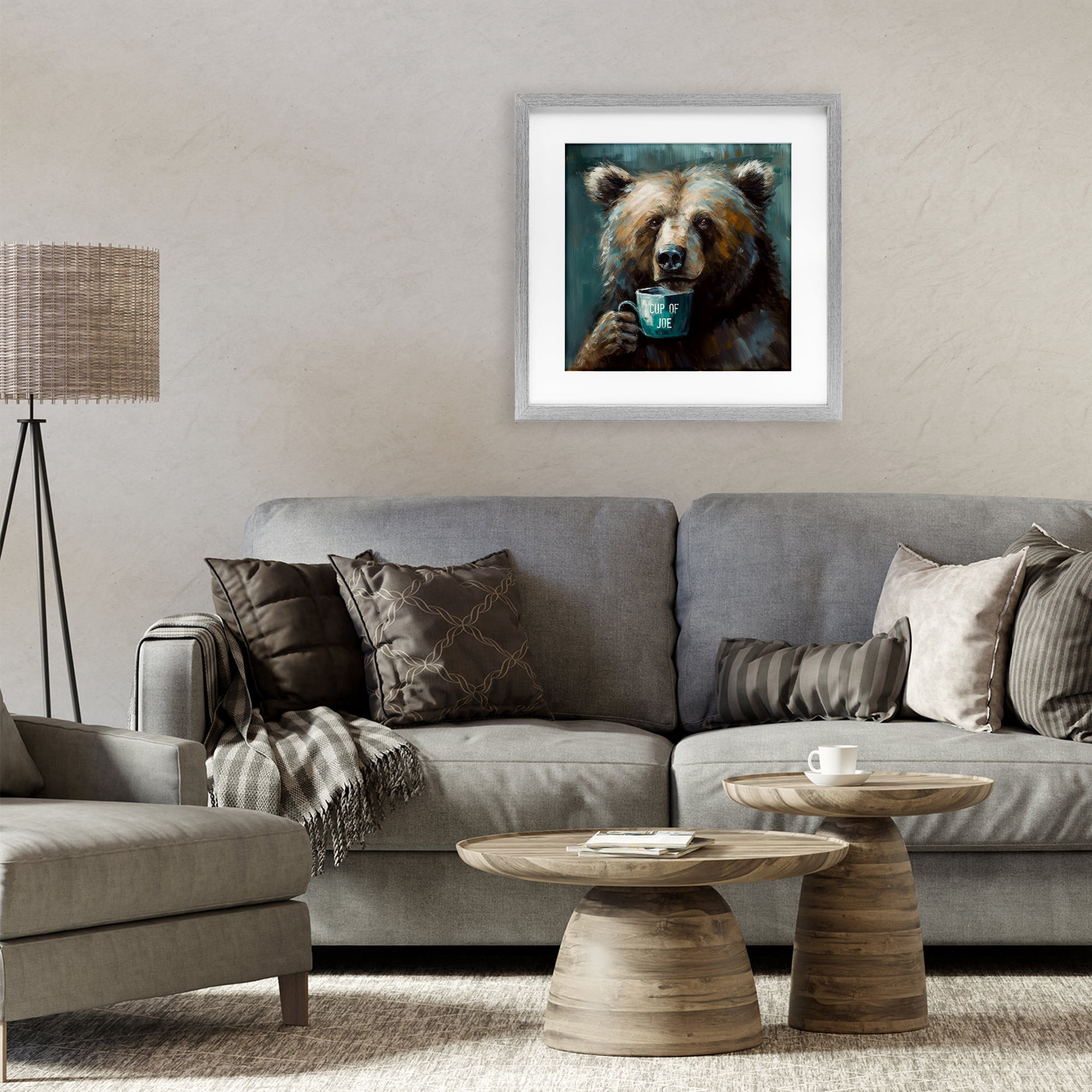 Stupell Industries Bear with Cup Of Joe Gray Framed Print Under Glass, design by Tina LeCour