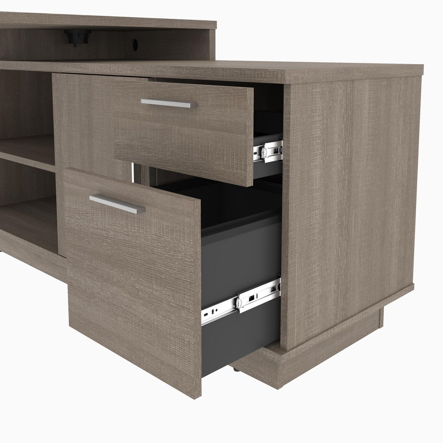 Bestar Equinox 72W L-Shaped Desk with Monitor Arms in bark grey & white