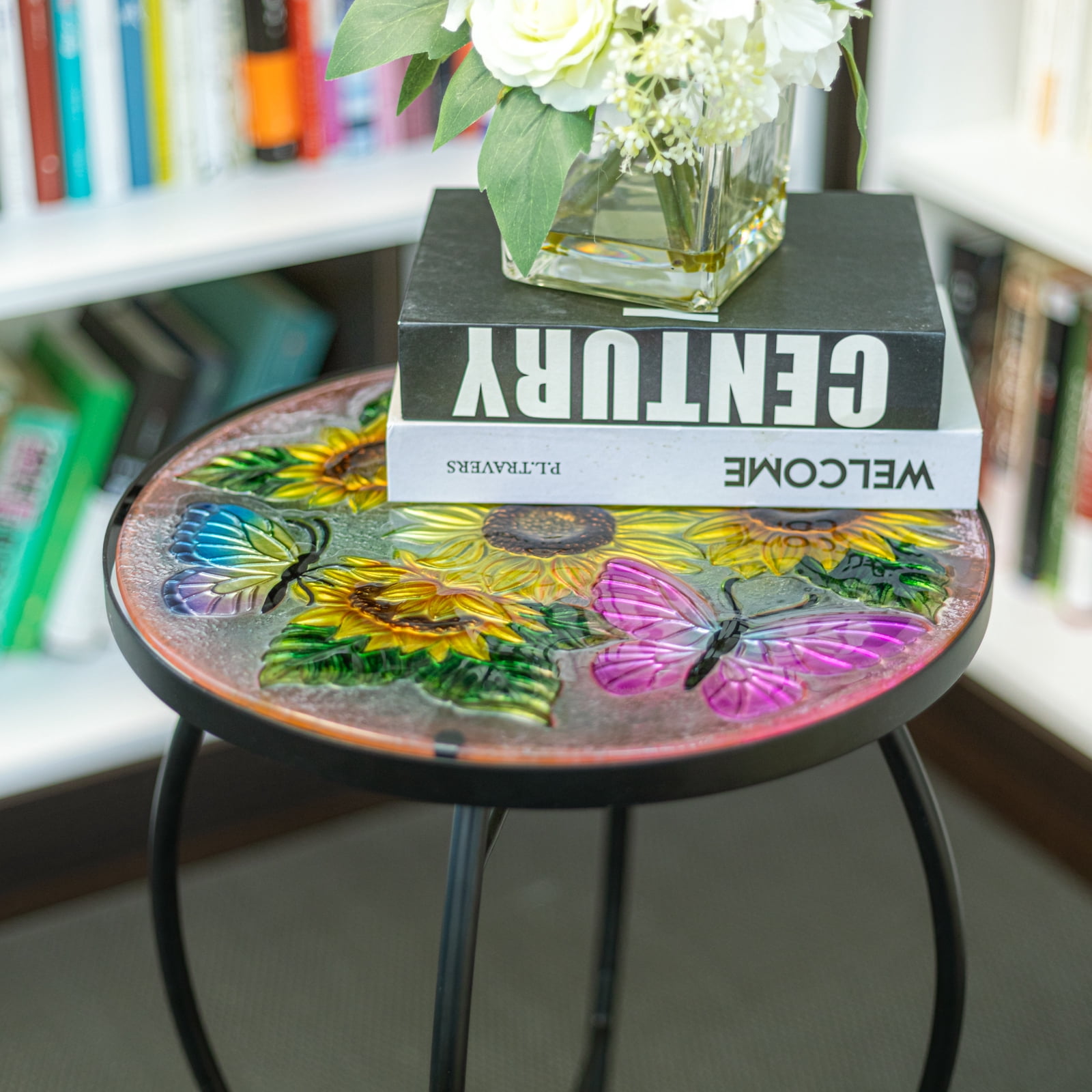 Wonder Garden Mosaic Side Table Outdoor for Patio, Indoor Accent Table Coffee Table for Bistro, Plant End Table Small, Sunflower Round Glass Plant Table Stands