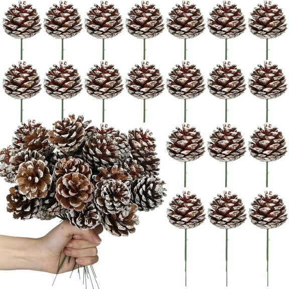 Trianu 20 Pcs Christmas Natural Pine Cones Picks, 2 inch Snow Pine Cone for Christmas Tree Decorations Home Holiday Party DIY