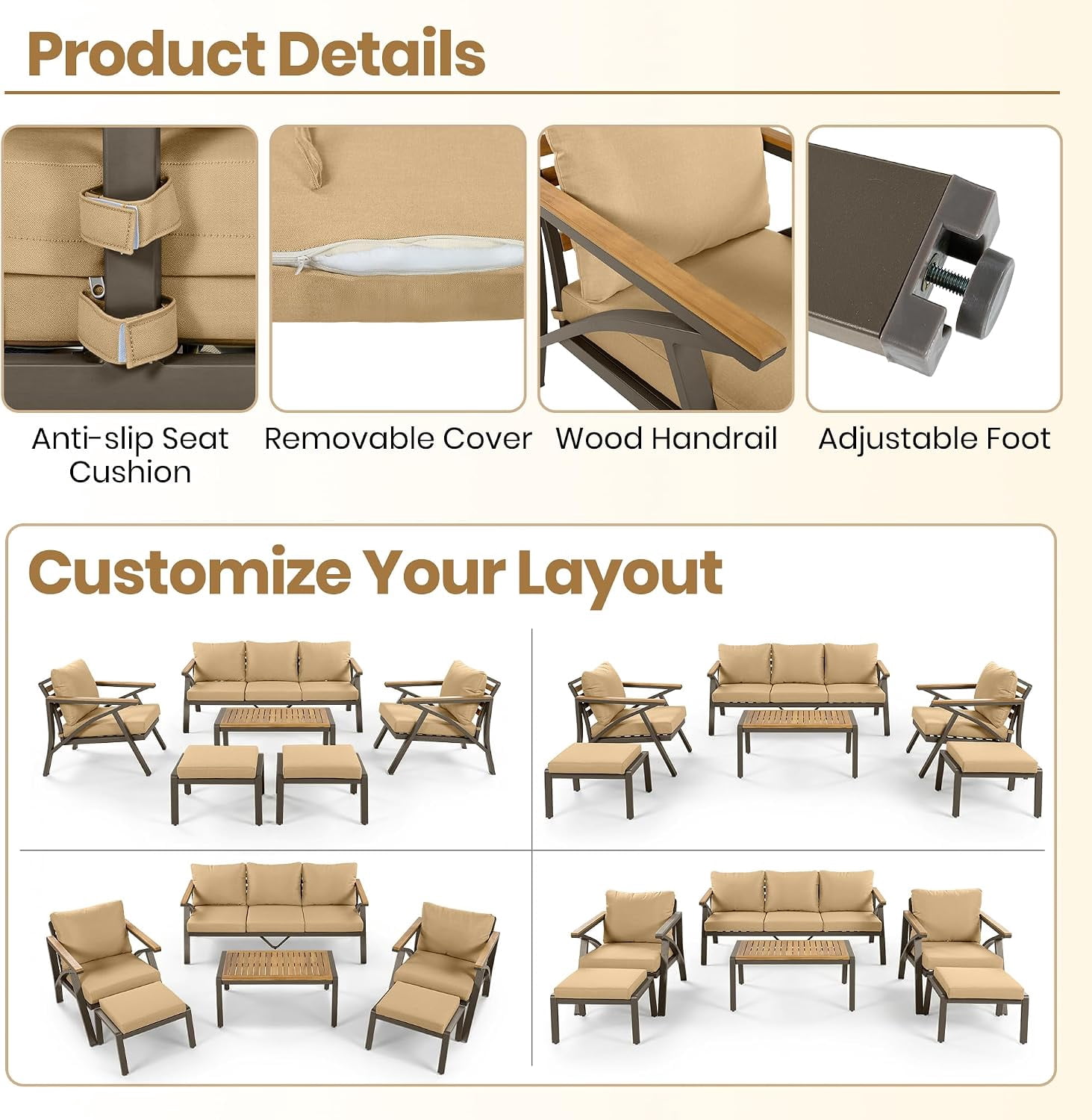 6-Piece Outdoor Patio Seating Set with Ottomans, Steel Frame Sofa & Acacia Wood Coffee Table, Brown Cushions