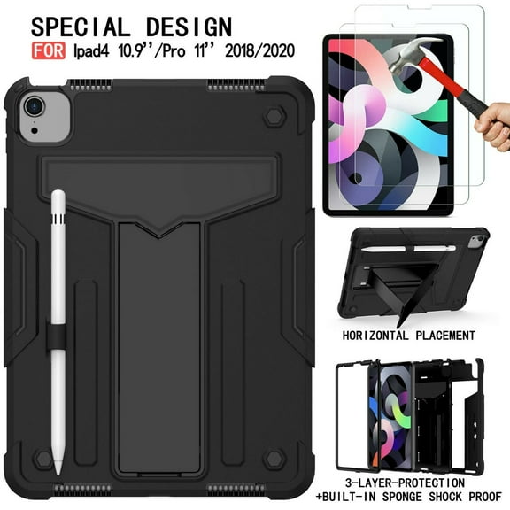 Epicgadget Hybrid Case for iPad Pro 11" (3rd, 2nd, 1st Gen) and iPad Air 10.9" (5th, 4th Gen) with 2 Pieces Tempered Glass Screen Protector (Black/Black)