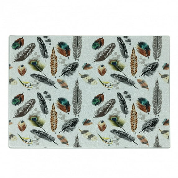 Feathers Cutting Board, Arrangement of Types of Quills in Vivid Tones Grey Splashes Image Print, Decorative Tempered Glass Cutting and Serving Board, Small Size, Multicolor, by Ambesonne