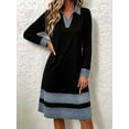 thumbnail image 3 of Women's Denim Print Shirt Dress, Collared Long Sleeve Midi Dress with Patchwork Detail, 3 of 6