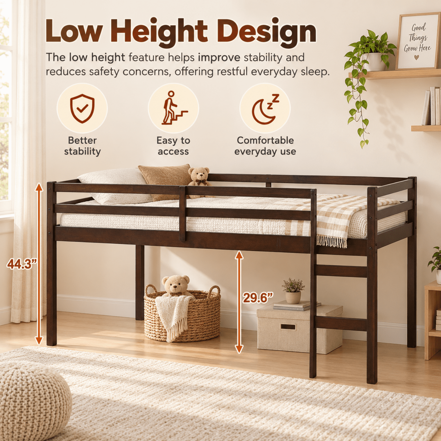Miniyam Full Loft Bed for Kids, Solid Wood Frame with Ladder and Guardrails, Space-Saving Design, Espresso