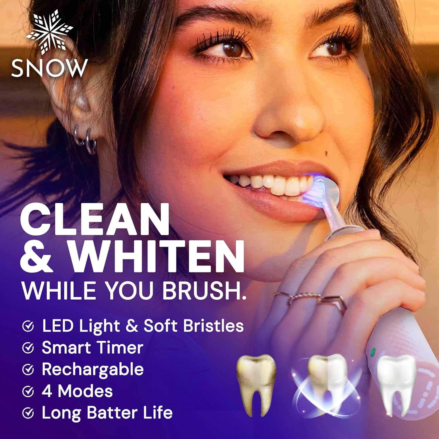 Snow LED Electric Toothbrush Gen 2 - Rechargeable Electronic Brush for Adults - Sonic Technology w/LED Light Whitening & Cleaning Powered w/Sonic Technology for Oral Routine Coastal Sunset Pink Gen2