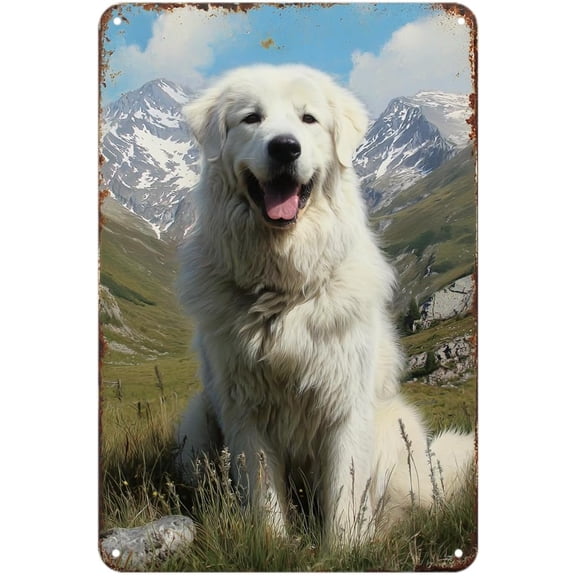 Great Pyrenees Dog tin sign, Vintage Pyrenean Mountain Dog Metal Sign print Aesthetic Room Decoration for Home Bedroom Kitchen Bar Coffee Bathroom Indoor Outdoor Wall Decor, 8 X 12 IN