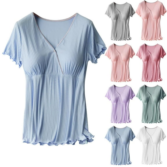 Bovxnpu Maternity Nursing Shirt Short Sleeve Breastfeeding Sleep Shirt Maternity Crew Neck Short Sleeve Nursing Top Sleepwear