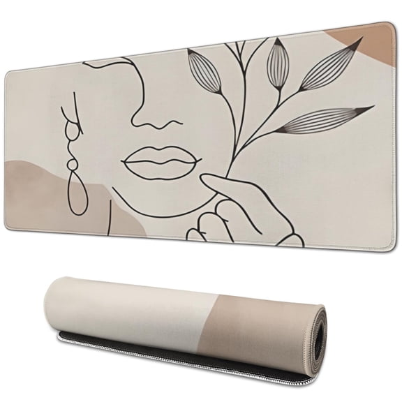 Long Mouse Pads for Desk,Brown Boho Line Art Face and Plant Desk Mats on Top Of Desks, Desk Mouse Pad Extra Large with 3mm Non-Slip Base and Stitched Edge for Gaming,Work,Home 31.5"x11.8"