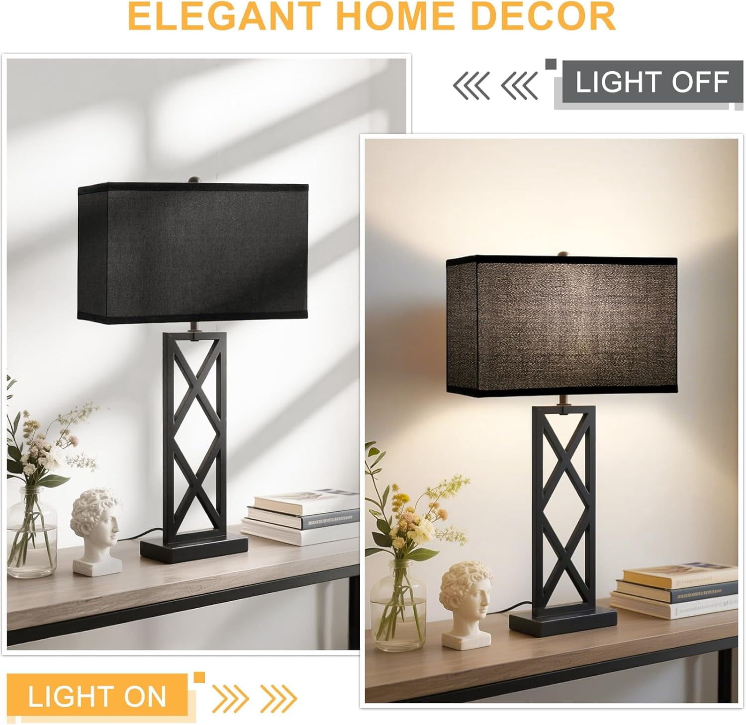 Black Lamp Shades Set of 2, Large Rectangle Lampshades Replacement, 16"L x 8"W x 10"H, Fabric Lamp Shade for Table Lamps Floor Lamps, Spider, Harp Holders Included, Easy Assembly Required