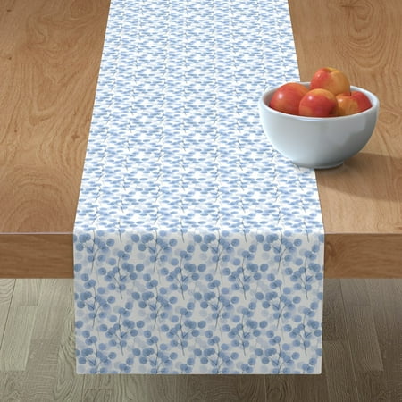 

Cotton Sateen Table Runner 90 - Round Leaves Blue Floral Watercolor Branch Feminine Print Custom Table Linens by Spoonflower
