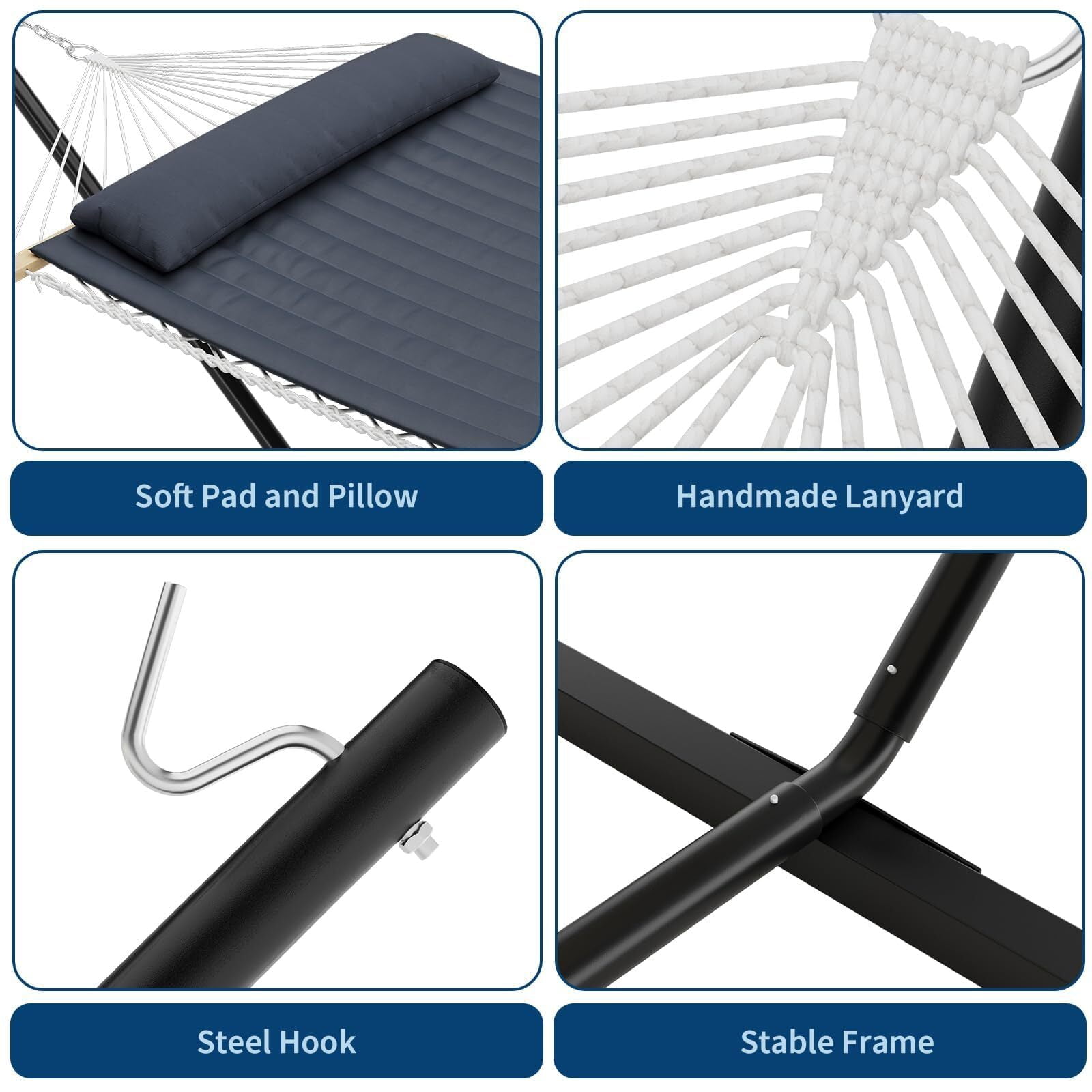 Double Hammock with Stand, 2 Person Portable Foldable Outdoor Hammock with Pad & Pillow, 450lb Capacity Heavy-Duty Hammock for Garden, Patio, Backyard, Dark Gray