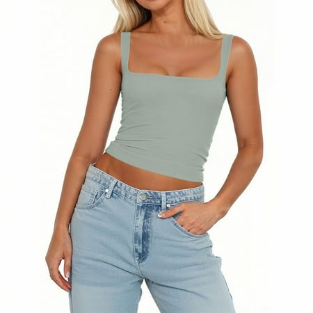 Spring Tops For Women 2025  Sleeveless Square Neck Sexy Slim Tank Tops With Built In Bras Solid Color Pullover Off Shoulder Tops Swim Only Crop Tops Corset Tops Camisole (XL  Light Green) ZMTing