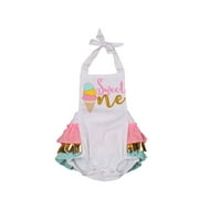 Newborn Infant Baby Boy Girl 1st Birthday Outfit Halter Romper Backless Ruffle Jumpsuit Bodysuit Summer Clothes