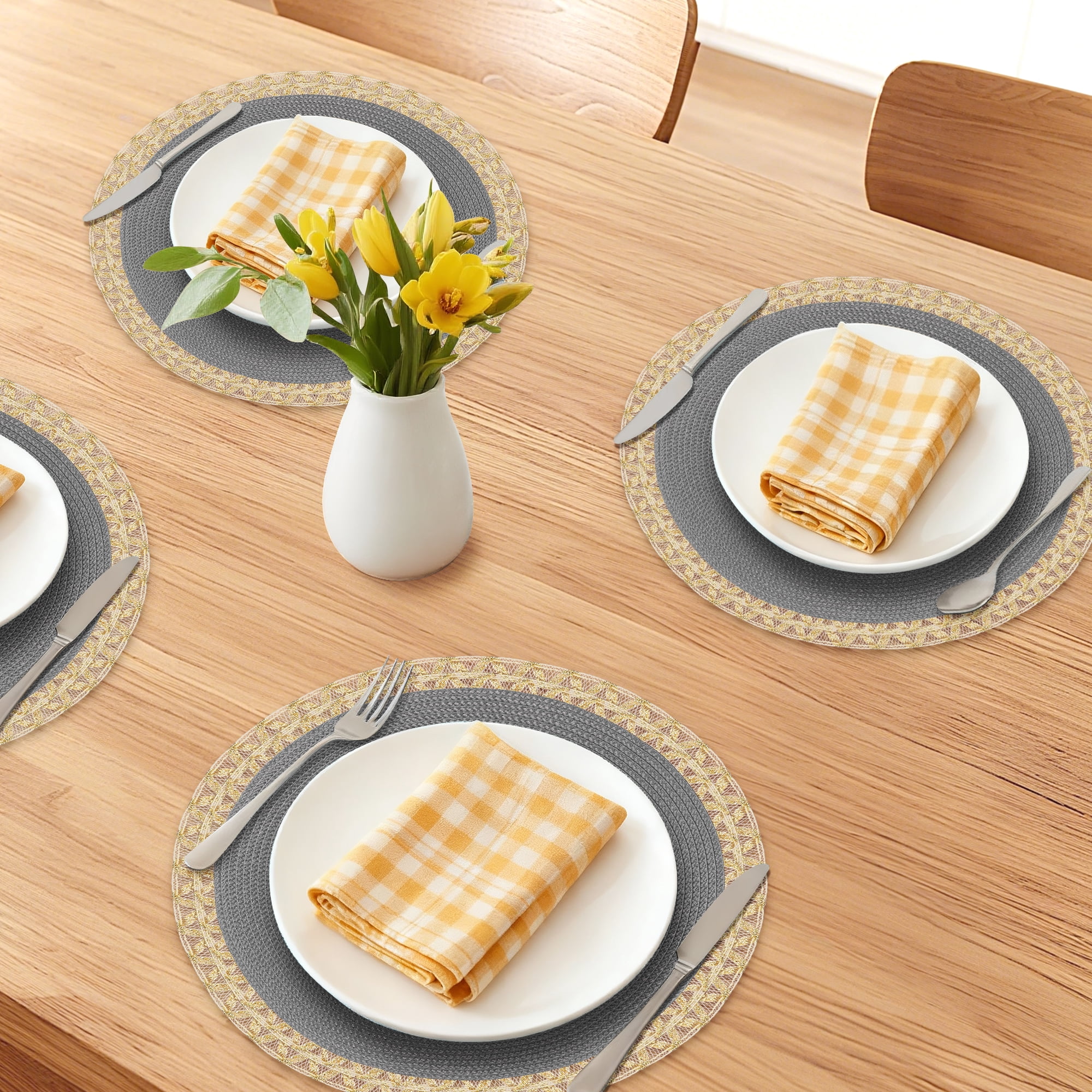 Unique Bargains Rustic Placemats 6 Pack Round Woven Placemats Gray 15x15inch