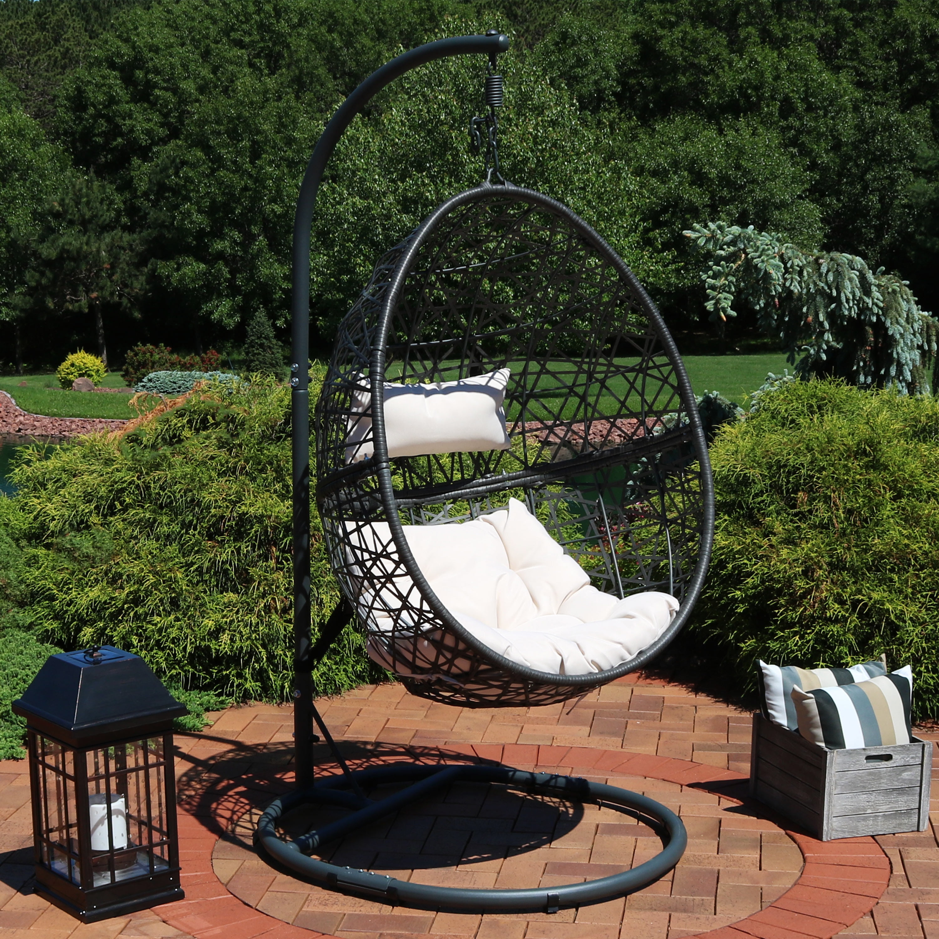 Sunnydaze Caroline Hanging Egg Chair Swing with Steel Stand Set - All