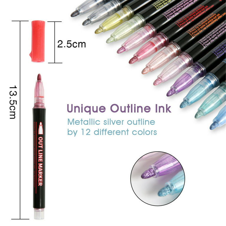 MAITING Shimmer Marker Set,12 Colors Super Squiggles Outline Marker Set,  Outline Metallic Markers Glitter Markers Pens for Christmas Card Writing