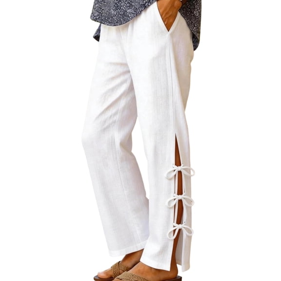 Women's Wide Leg Cotton Pants Elastic Waist Side Slit with Bow Tie Loose Trousers with Pockets Trendy Casual Summer Pants White