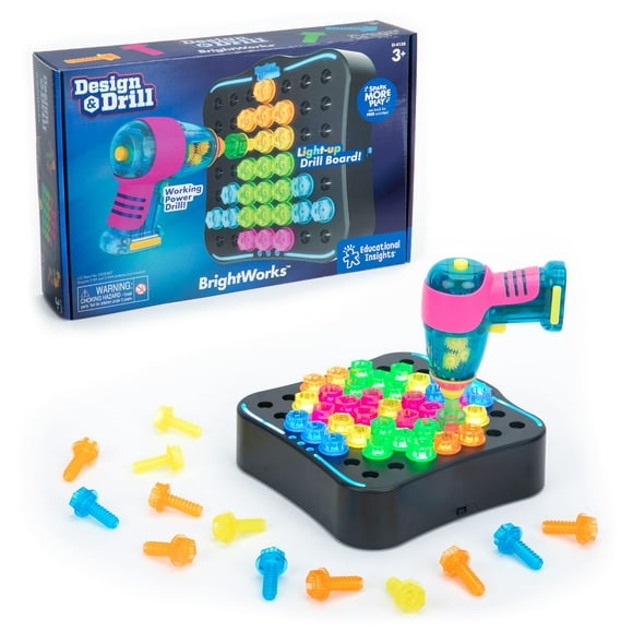Educational Insights Design & Perceuse Brightworks, Apprentissage de la Tige avec Perceuse Jouet, 53 Pcs, 3 Ans et Plus