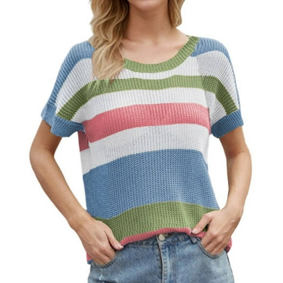 Women's Plus Size Loose Fit Rainbow Striped Short Sleeve Knit Sweater Casual Comfortable Summer Pullover Top