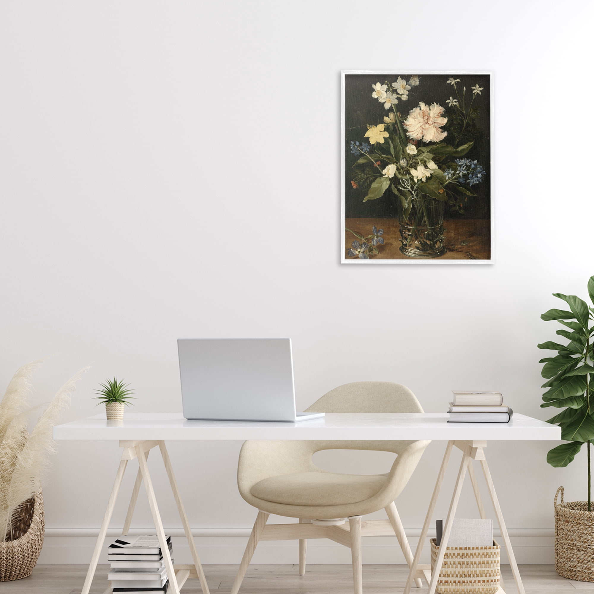 Stupell Industries Chrysanthemum & Flowers in Vase White Framed Giclee Art, design by Vintage Hustle