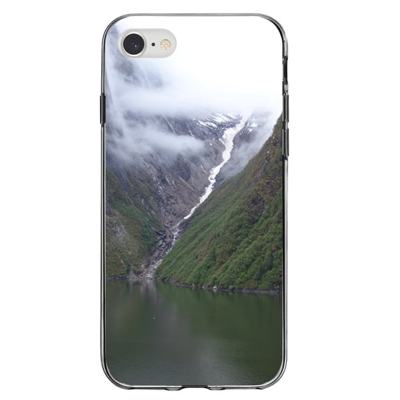 DistinctInk Clear Shockproof Hybrid Case for iPhone 7 8 SE (2020 Model) 4.7" Screen TPU Bumper Acrylic Back Tempered Glass Screen Protector - Tracy Arm Fjord Waterfall