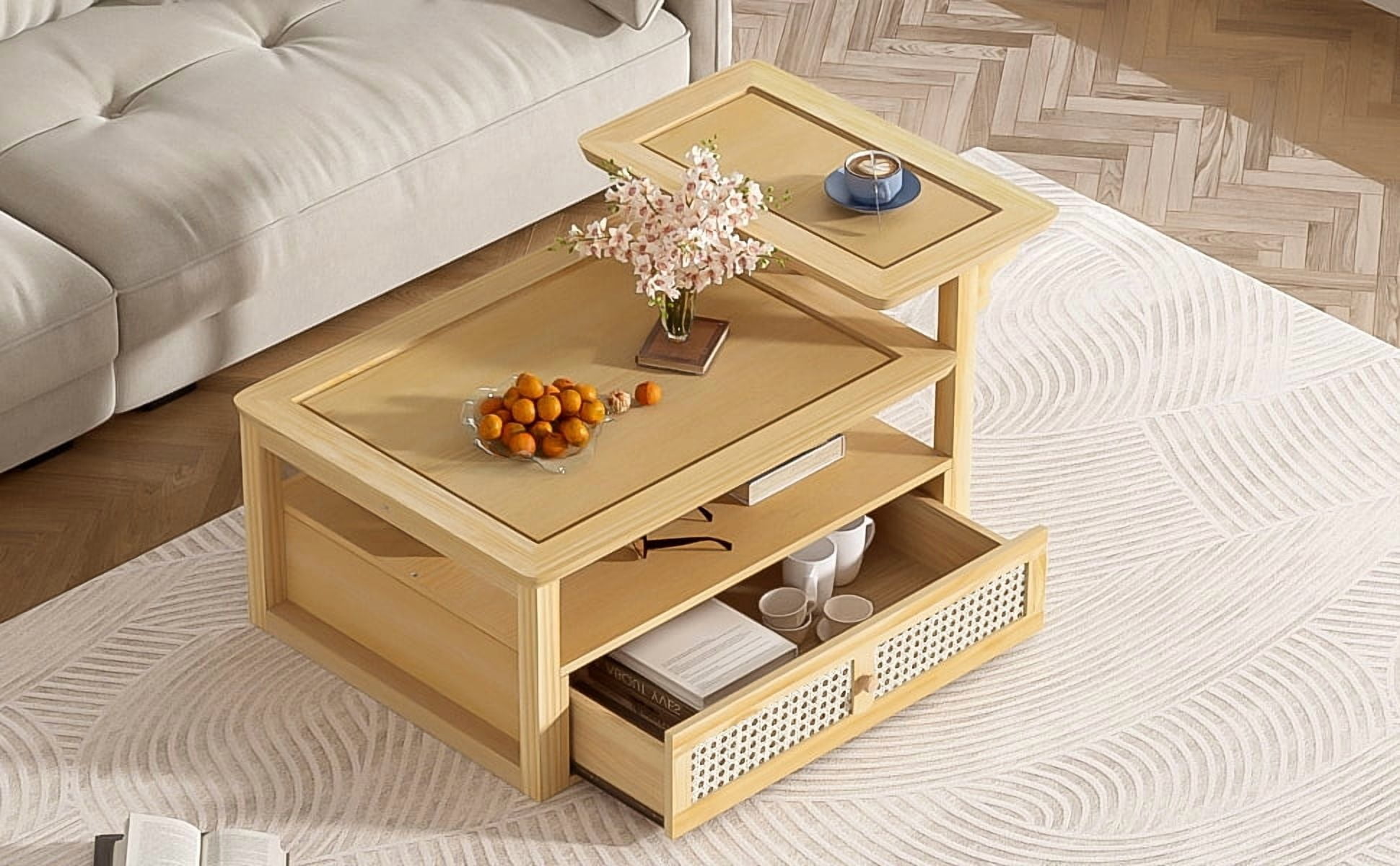Euroco Multifunctional Coffee Table Set with Nested Design, Rattan Drawer, Pine Wood Legs – Stylish Storage and Dual Tabletops for Living Room