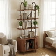 thumbnail image 3 of Jableast Tall Fluted Record Player Stand with Storage, 4-Tier Arched Retro Media Display with Curved Sliding Door Cabinet, Mid Century Modern Turntable Stand for Living Room, Home Office, Walnut, 3 of 8