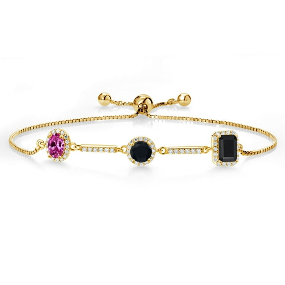 Gem Stone King 1.54 Ct Pink Created Sapphire Black Onyx 18K Yellow Gold Plated Silver Bracelet for Women