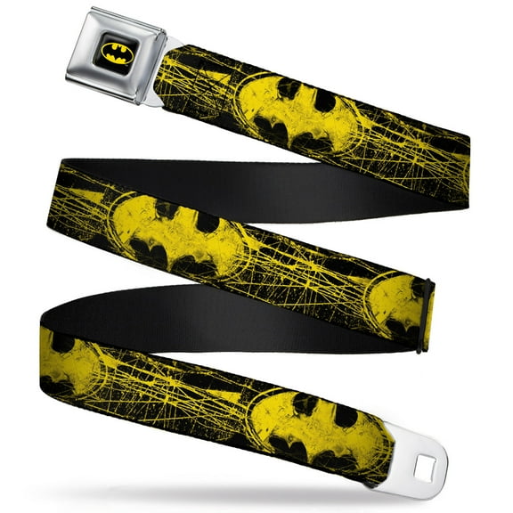 DC Comics Belt, Seatbelt Buckle Belt, Batman Shield Close Up Sketch Black Yellow, 30 to 44 Inches