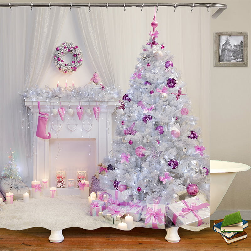 Purple Christmas Decor With Trees Waterproof Shower Curtain Plastic Hooks 71inch 