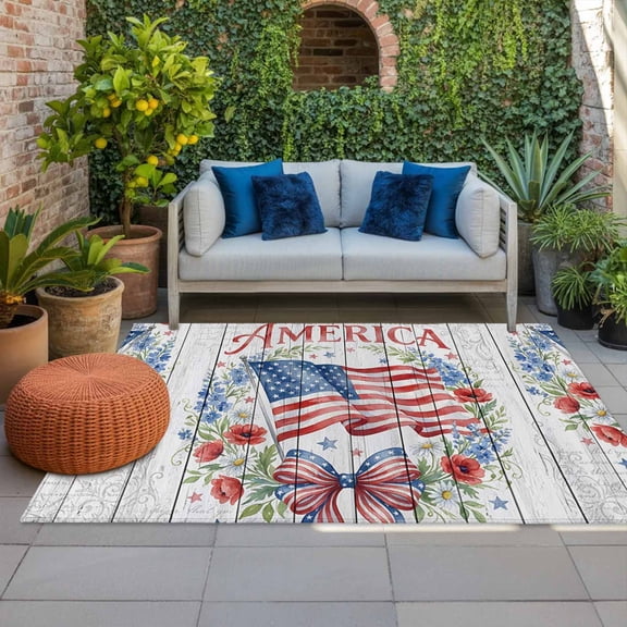4th of July Outdoor Rug 3x5 ft Patriotic American Flag Outdoor Large Area Rug Non Slip Floral Wreath Wooden Front Door Mat RV Rug Carpet Patio Outdoor Rugs for Backyard Balcony Deck Porch Indoor