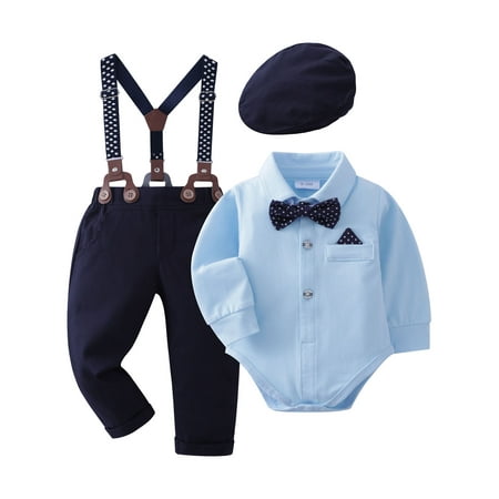 

Infant Baby Boy Clothes Suit Wedding Formal Dress Shirt Suspender Pants Bowtie Hat Outfit 0-18 Month