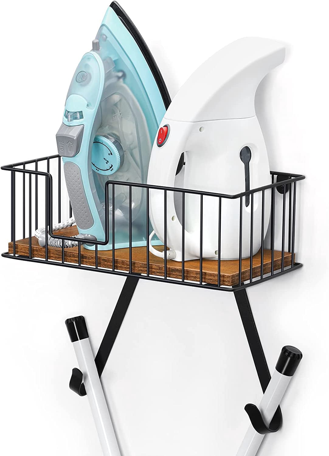 Wall Mounted Ironing Board Hanger for Y-Leg with Storage Basket, Black