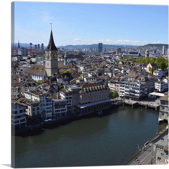 ARTCANVAS Zurich Switzerland Canal Skyline Square Canvas Art Print - Size: 18" x 18" (1.50" Deep)
