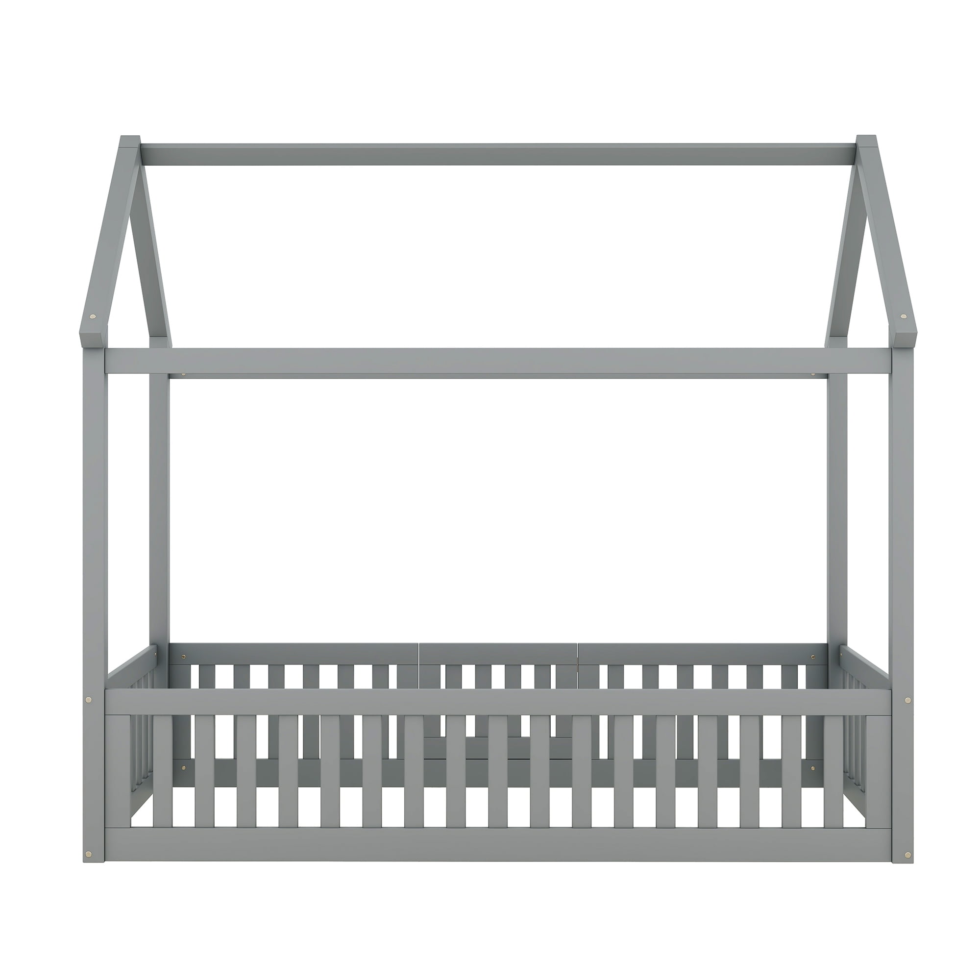 Euroco Twin Size Low House Bed with Fence and Door, Gray