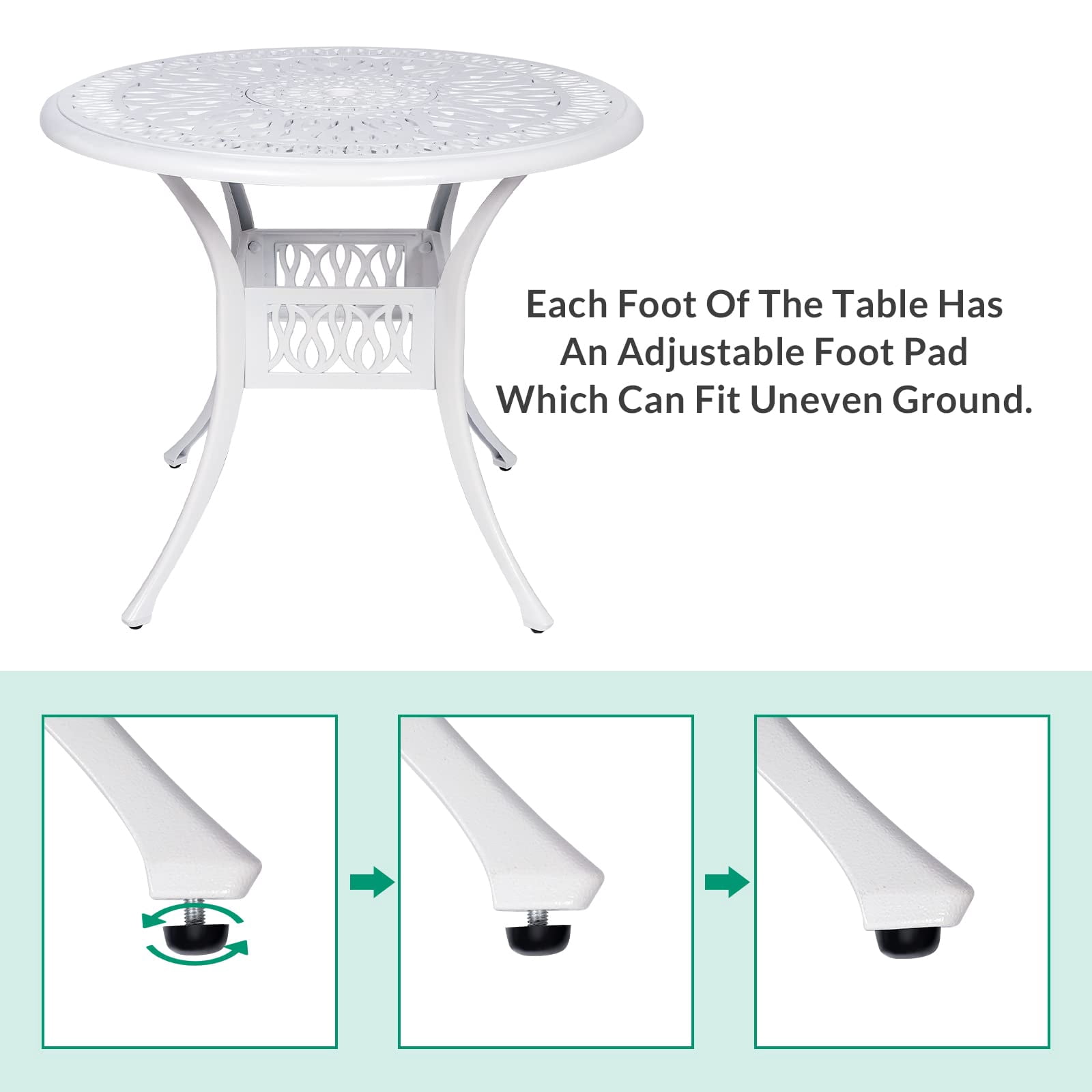 VIVIJASON 35.2" Outdoor Patio Dining Round Table White Cast Aluminum Rustic Large Patio Table with Umbrella Hole